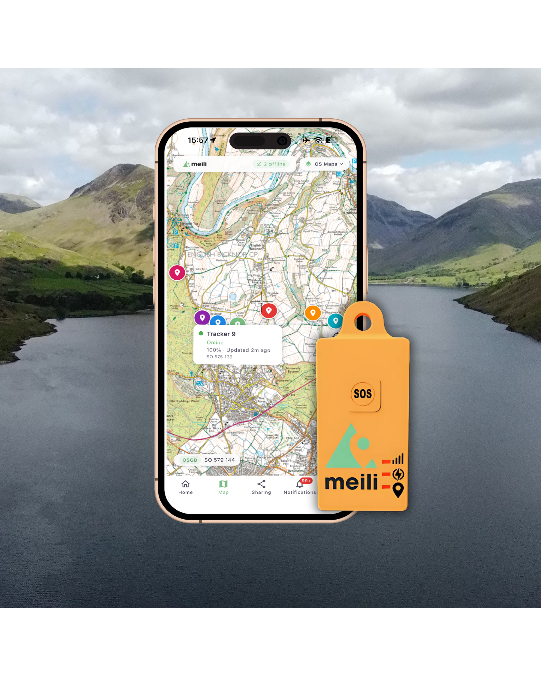 The MeiliGPS app showing expedition groups on Ordnance Survey mapping