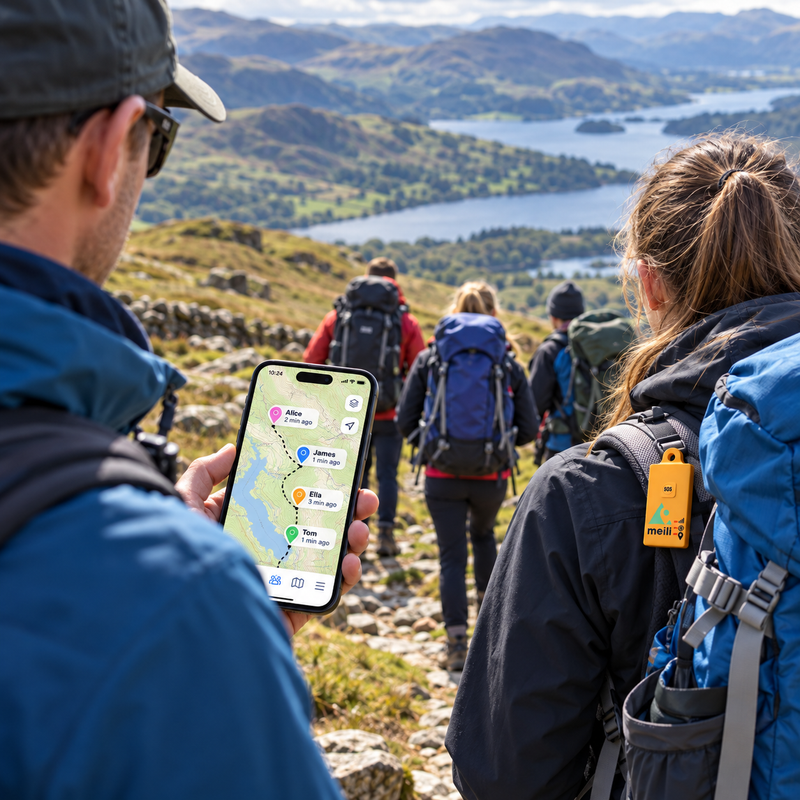 Young people walking an upland path on expedition with a MeiliGPS tracker clipped to a rucksack