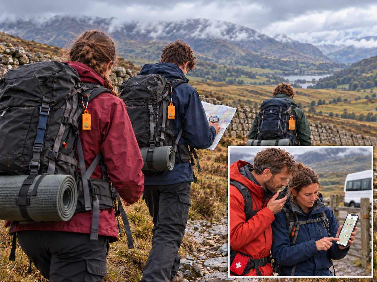 DofE expedition group navigating with map and compass on a misty upland path, with a MeiliGPS tracker on a rucksack. Inset: two leaders at a checkpoint following every group’s position on the MeiliGPS app
