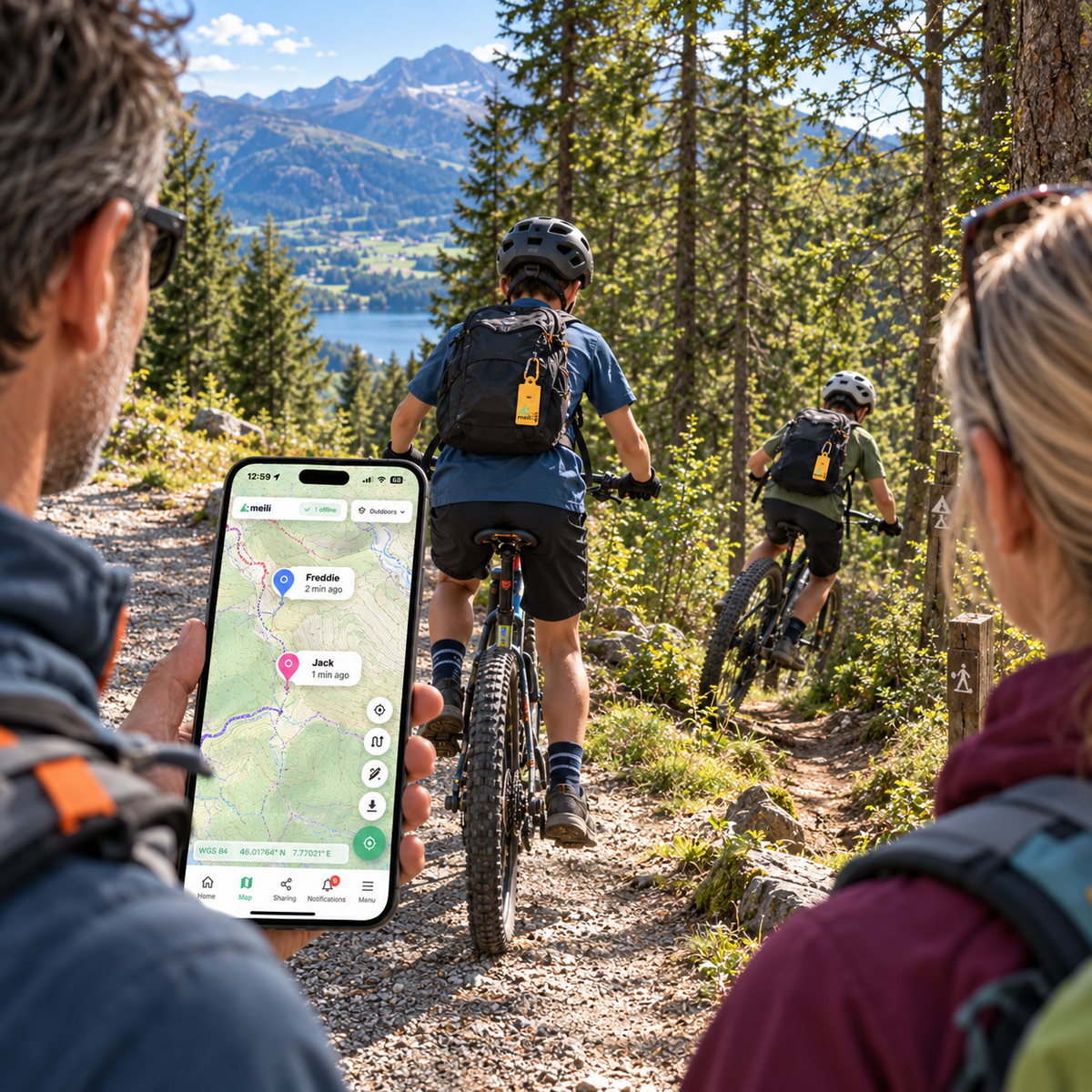 Family adventure holiday in the mountains, with two teenagers mountain biking through a forest, each carrying a yellow MeiliGPS tracker attached to their backpack. Their parents follow on foot, using the MeiliGPS app to monitor Freddie and Jack's locations on an outdoor map.